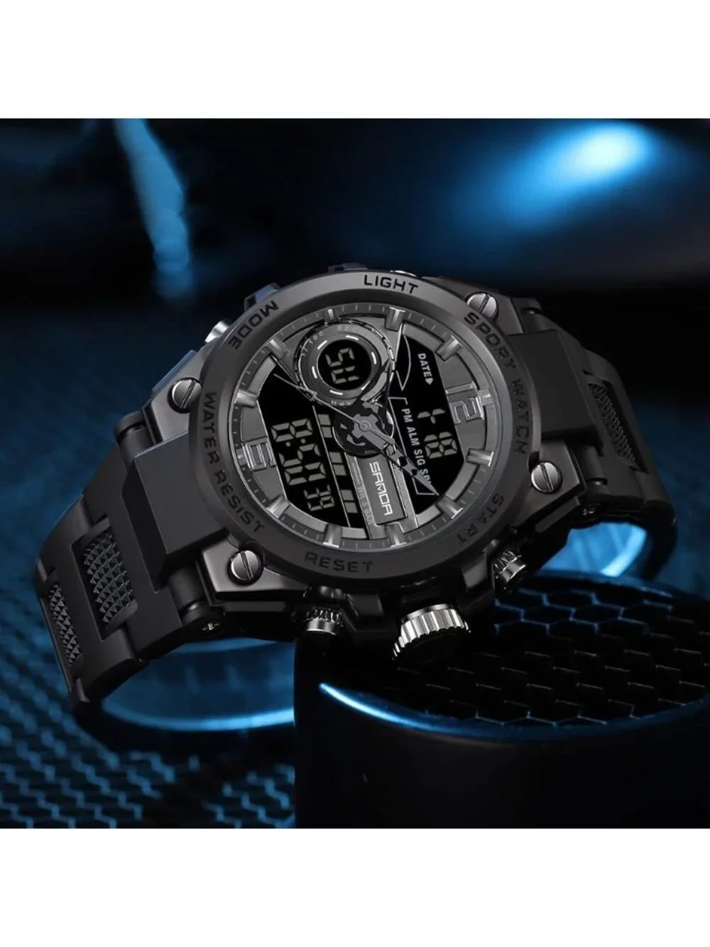 Mens All Black Analog Quartz Sport Outdoor Waterproof Military LED Digital Watch